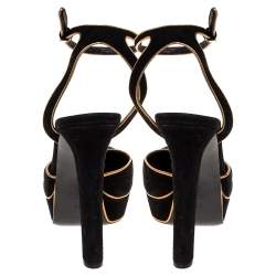 Pre Owned صندل غوتشي نعل سميك سير كاحل هوستون حافة جلد ذهبي وسويدي أسود مقاس 39