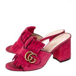 مملوكة مسبقًا صندل غوتشي "مارمونت" مزين بشعار الماركة جي جي مزين بشراشيب مقدمة مفتوحة جلد سويدي وردي مقاس 37