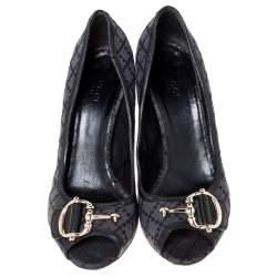 مملوكة مسبقًا حذاء كعب غوتشى مقدمة مفتوحة هورسيبت كانفاس ديامانت أسود مقاس 37