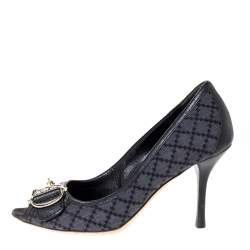 مملوكة مسبقًا حذاء كعب غوتشى مقدمة مفتوحة هورسيبت كانفاس ديامانت أسو�د مقاس 37