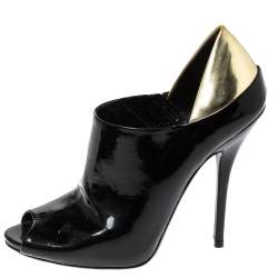 Pre Owned Gucci Black/Metallic Gold Patent Leather Peep Toe Booties Size 40