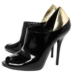 Pre Owned Gucci Black/Metallic Gold Patent Leather Peep Toe Booties Size 40