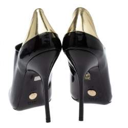 Pre Owned Gucci Black/Metallic Gold Patent Leather Peep Toe Booties Size 40