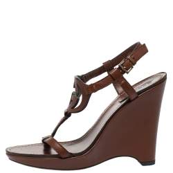 Pre Owned Gucci Brown Leather Interlocking G T Strap Wedge Sandals Size 36