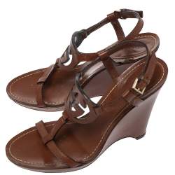 Pre Owned Gucci Brown Leather Interlocking G T Strap Wedge Sandals Size 36