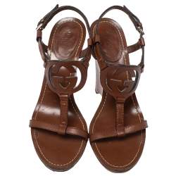 Pre Owned Gucci Brown Leather Interlocking G T Strap Wedge Sandals Size 36