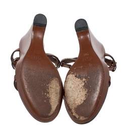 Pre Owned Gucci Brown Leather Interlocking G T Strap Wedge Sandals Size 36