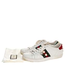 Gucci White Leather Web Detail New Ace Faux Pearl Embellished Low Top Sneakers Size 36.5