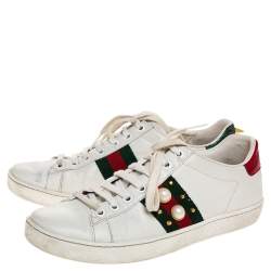 Gucci White Leather Web Detail New Ace Faux Pearl Embellished Low Top Sneakers Size 36.5