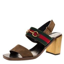 Pre Owned Gucci Brown Suede Web Horsebit Slingback Block Heel Sandals Size 40.5