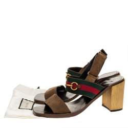 Pre Owned Gucci Brown Suede Web Horsebit Slingback Block Heel Sandals Size 40.5