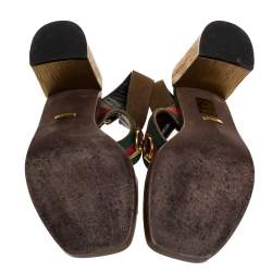 Pre Owned Gucci Brown Suede Web Horsebit Slingback Block Heel Sandals Size 40.5