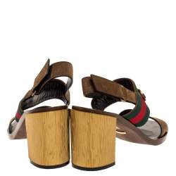 Pre Owned Gucci Brown Suede Web Horsebit Slingback Block Heel Sandals Size 40.5