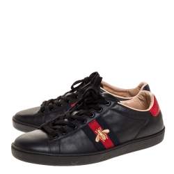 Gucci Black Leather Ace Web Bee Low Top Lace Up Sneakers Size 40