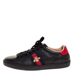Gucci Black Leather Ace Web Bee Low Top Lace Up Sneakers Size 40