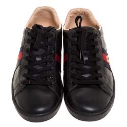 Gucci Black Leather Ace Web Bee Low Top Lace Up Sneakers Size 40