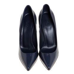 مملوكة مسبقًا Gucci Blue Patent Leather Kristen Bamboo Heel Pointed Toe Pumps Size 38.5