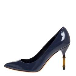 مملوكة مسبقًا Gucci Blue Patent Leather Kristen Bamboo Heel Pointed Toe Pumps Size 38.5