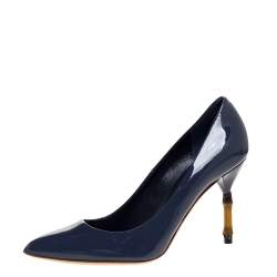 مملوكة مسبقًا Gucci Blue Patent Leather Kristen Bamboo Heel Pointed Toe Pumps Size 38.5