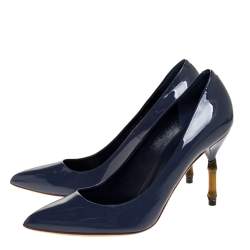 مملوكة مسبقًا Gucci Blue Patent Leather Kristen Bamboo Heel Pointed Toe Pumps Size 38.5