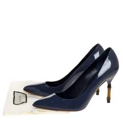 مملوكة مسبقًا Gucci Blue Patent Leather Kristen Bamboo Heel Pointed Toe Pumps Size 38.5