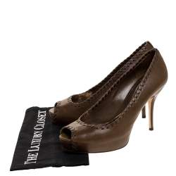 Gucci Dark Brown Leather Whipstitch Peep Toe Platform Pumps Size 38.5