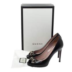 Gucci Black Leather Horsebit Peep Toe Pumps Size 38