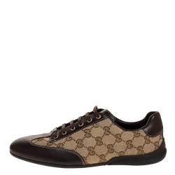 Pre Owned حذاء رياضي غوتشي طراز منخفض من أعلى جلد و كانفاس جي جي بني و بيج مقاس 38