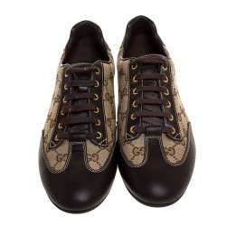 Pre Owned حذاء رياضي غوتشي طراز منخفض من أعلى جلد و كانفاس جي جي بني و بيج مقاس 38