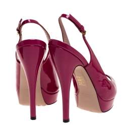 Pre Owned Gucci Magenta Patent Leather Peep Toe Platform Slingback Sandals Size 36.5