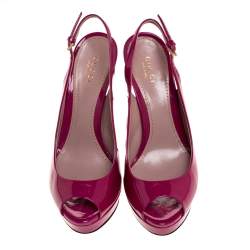 Pre Owned Gucci Magenta Patent Leather Peep Toe Platform Slingback Sandals Size 36.5