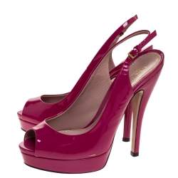 Pre Owned Gucci Magenta Patent Leather Peep Toe Platform Slingback Sandals Size 36.5