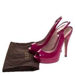 Pre Owned Gucci Magenta Patent Leather Peep Toe Platform Slingback Sandals Size 36.5