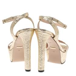 Pre Owned Gucci Gold Crinkled Patent Leather Platform Ankle Strap Sandals Size 36