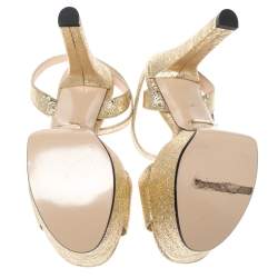 Pre Owned Gucci Gold Crinkled Patent Leather Platform Ankle Strap Sandals Size 36