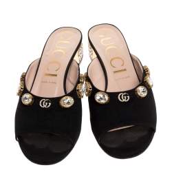 Pre Owned Gucci Black Moire Fabric Embellished Slide Open Toe Mules Size 40.5
