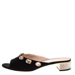 Pre Owned Gucci Black Moire Fabric Embellished Slide Open Toe Mules Size 40.5