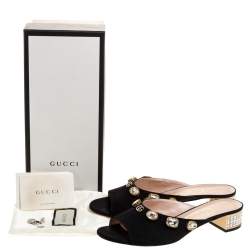 Pre Owned Gucci Black Moire Fabric Embellished Slide Open Toe Mules Size 40.5
