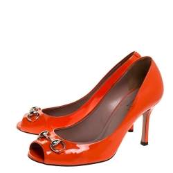 Gucci Orange Patent Leather Horsebit Peep Toe Pumps Size 36