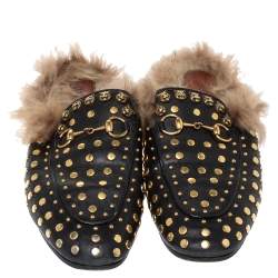 Pre Owned حذاء لوفرز مول غوتشي فلات برينستاون مرصع بطانة فرو جلد أسود مقاس 36