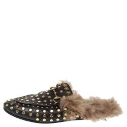 Pre Owned حذاء لوفرز مول غوتشي فلات برينستاون مرصع بطانة فرو جلد أسود مقاس 36