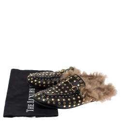 Pre Owned حذاء لوفرز مول غوتشي فلات برينستاون مرصع بطانة فرو جلد أسود مقاس 36