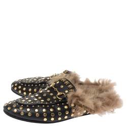 Pre Owned حذاء لوفرز مول غوتشي فلات برينستاون مرصع بطانة فرو جلد أسود مقاس 36