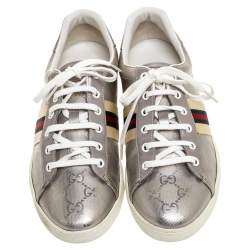 Pre Owned Gucci Silver GG Leather Ace Low Top Sneakers Size 39.5