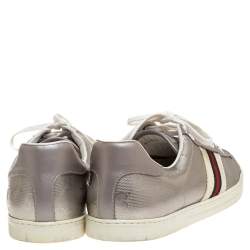 Pre Owned Gucci Silver GG Leather Ace Low Top Sneakers Size 39.5