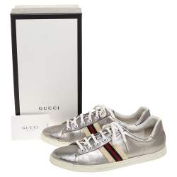 Pre Owned Gucci Silver GG Leather Ace Low Top Sneakers Size 39.5