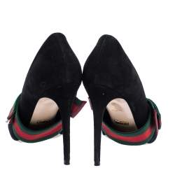 مملوكة مسبقًا حذاء كعب عالى غوتشى فيو نكة ويب قابلة للأزالة سيلفيا سويدى أسود مقاس 38.5