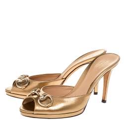 Pre Owned صندل غوتشي مقدمة مفتوحة هورسبيت جلد ذهبقي مقاس 36