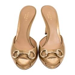 Pre Owned صندل غوتشي مقدمة مفتوحة هورسبيت جلد ذهبقي مقاس 36