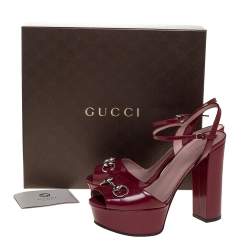 مملوكة مسبقًا Gucci Burgundy Leather Claudie Horsebit Platform Ankle Strap Sandals Size 38.5